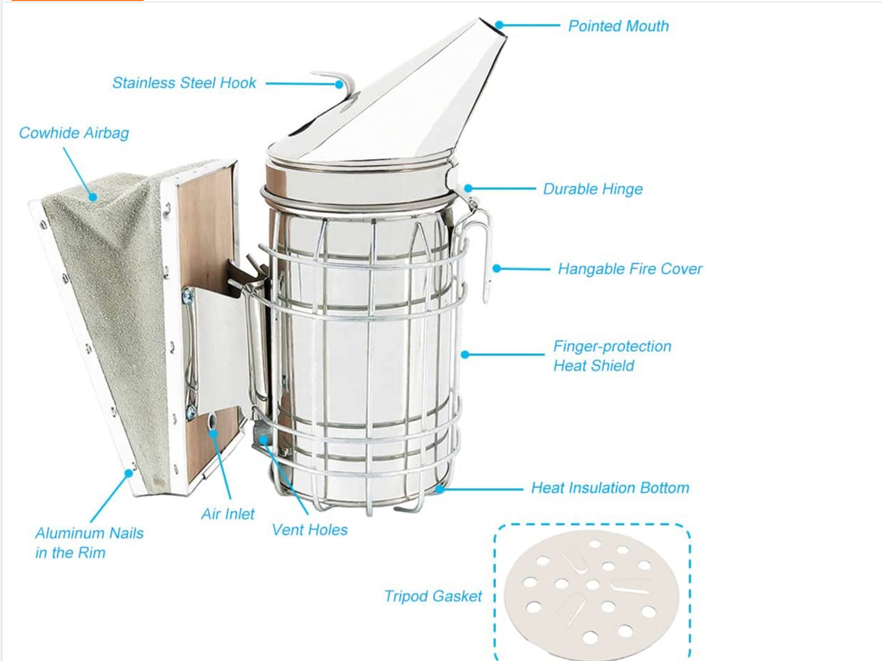 Stainless Steel Beekeeping Smoker with Heat Shield